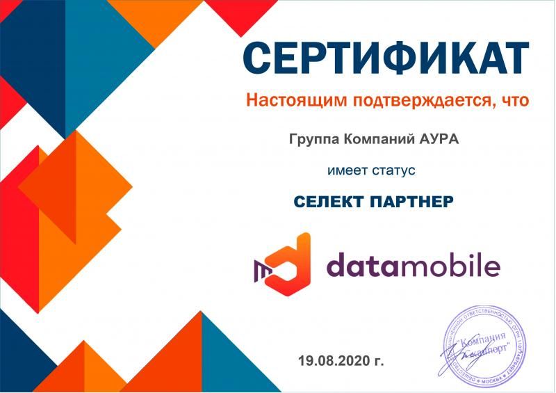 Сертификат "Селект партнер DataMobile" лицензия фото