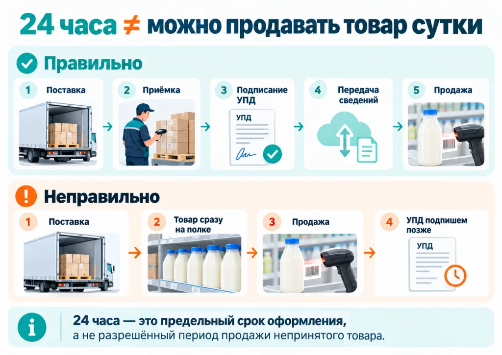 24 часа на подписание УПД не означают возможность продавать товар сутки без приемки