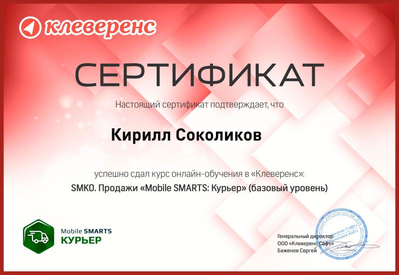 Сертификат Mobile Smarts.Курьер лицензия фото