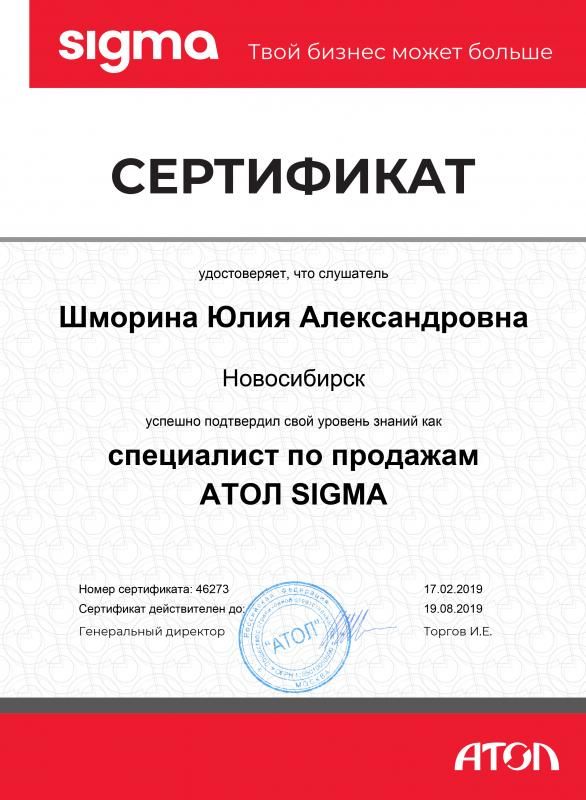 Сертификат ATOL Шморина Ю.А. лицензия фото