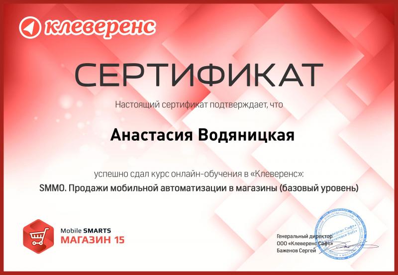 Сертификат "Продажи мобильной автоматизации в магазины" лицензия фото