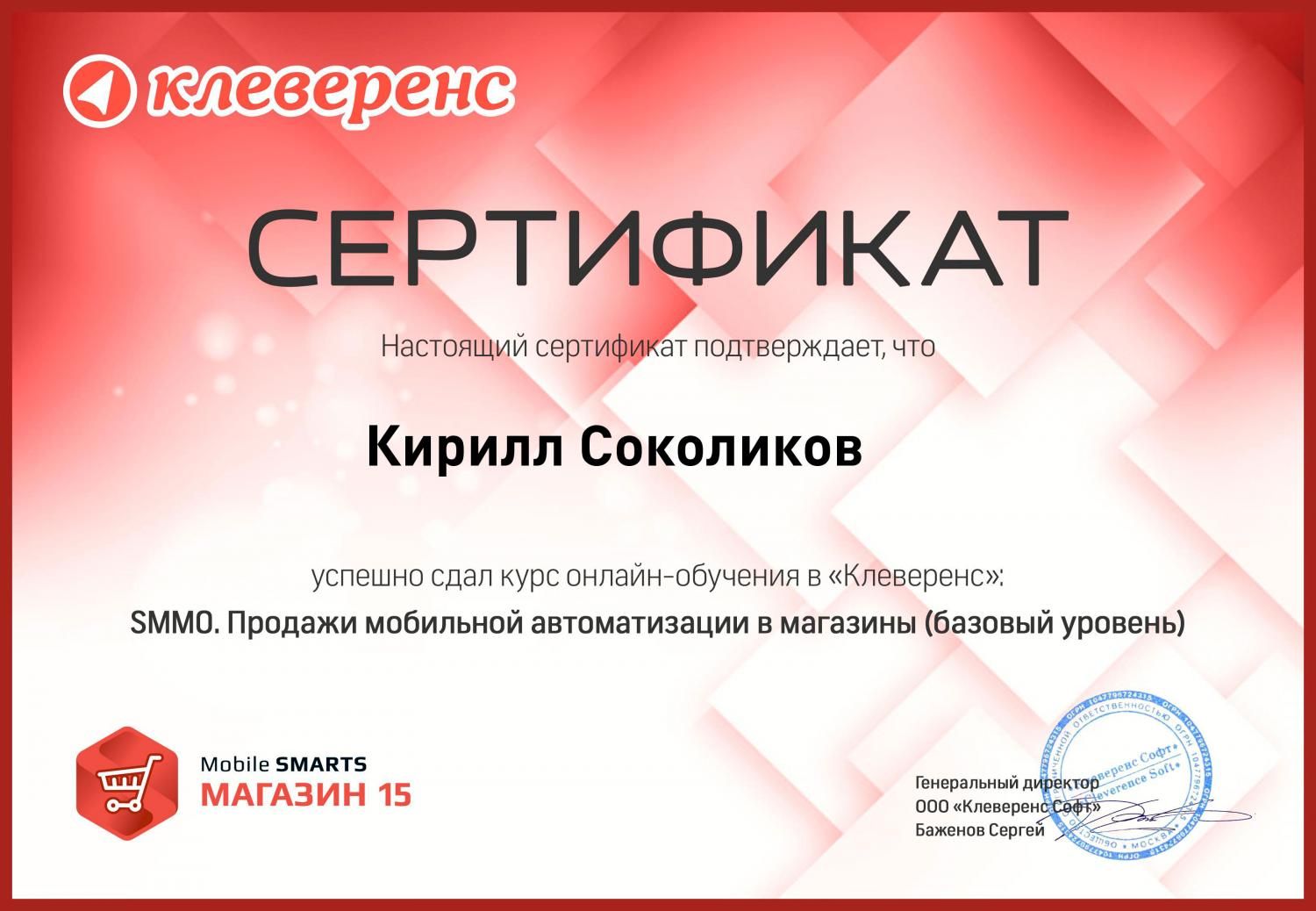 Сертификат от компании Клеверенс