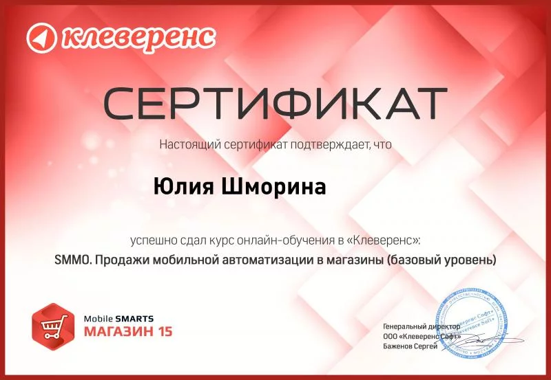 Сертификат Mobile Smarts. Магазин лицензия фото