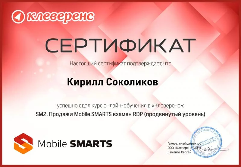 Сертификат Кирилл Соколиков лицензия фото
