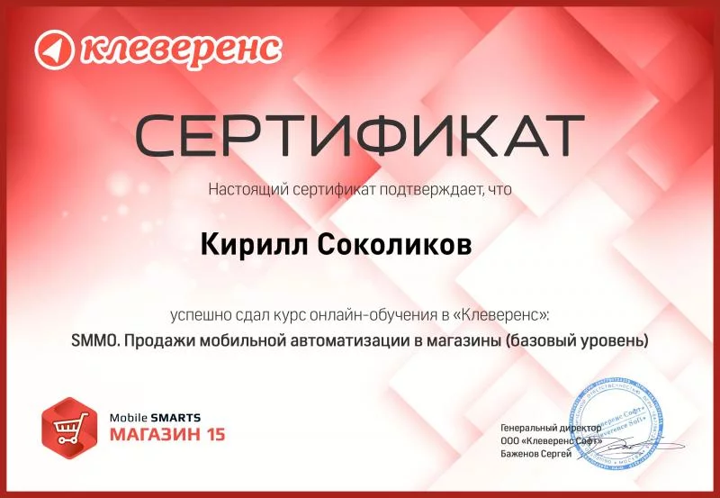 Сертификат от компании Клеверенс лицензия фото